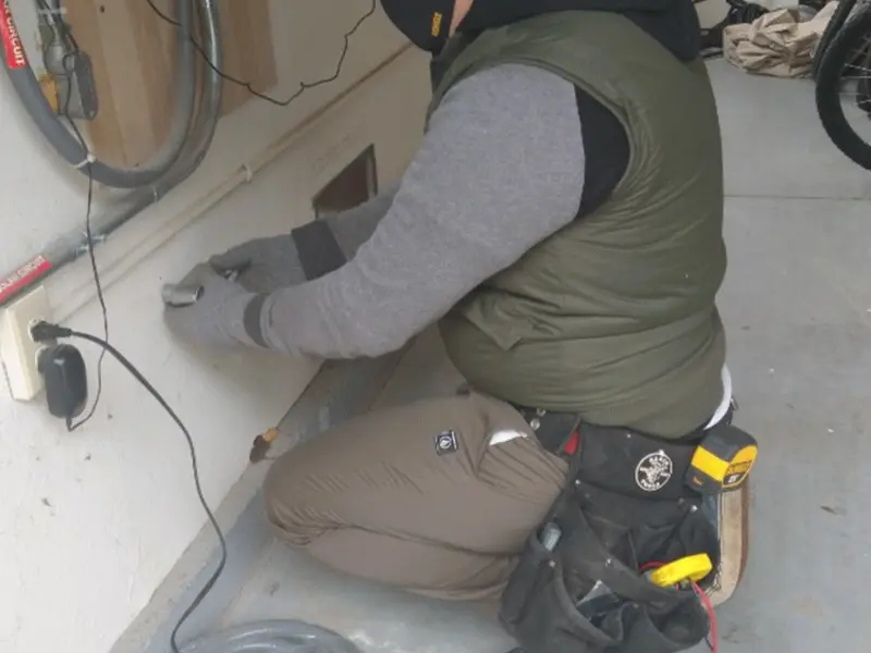 Electrician performing outlet wiring in a Cadillac garage